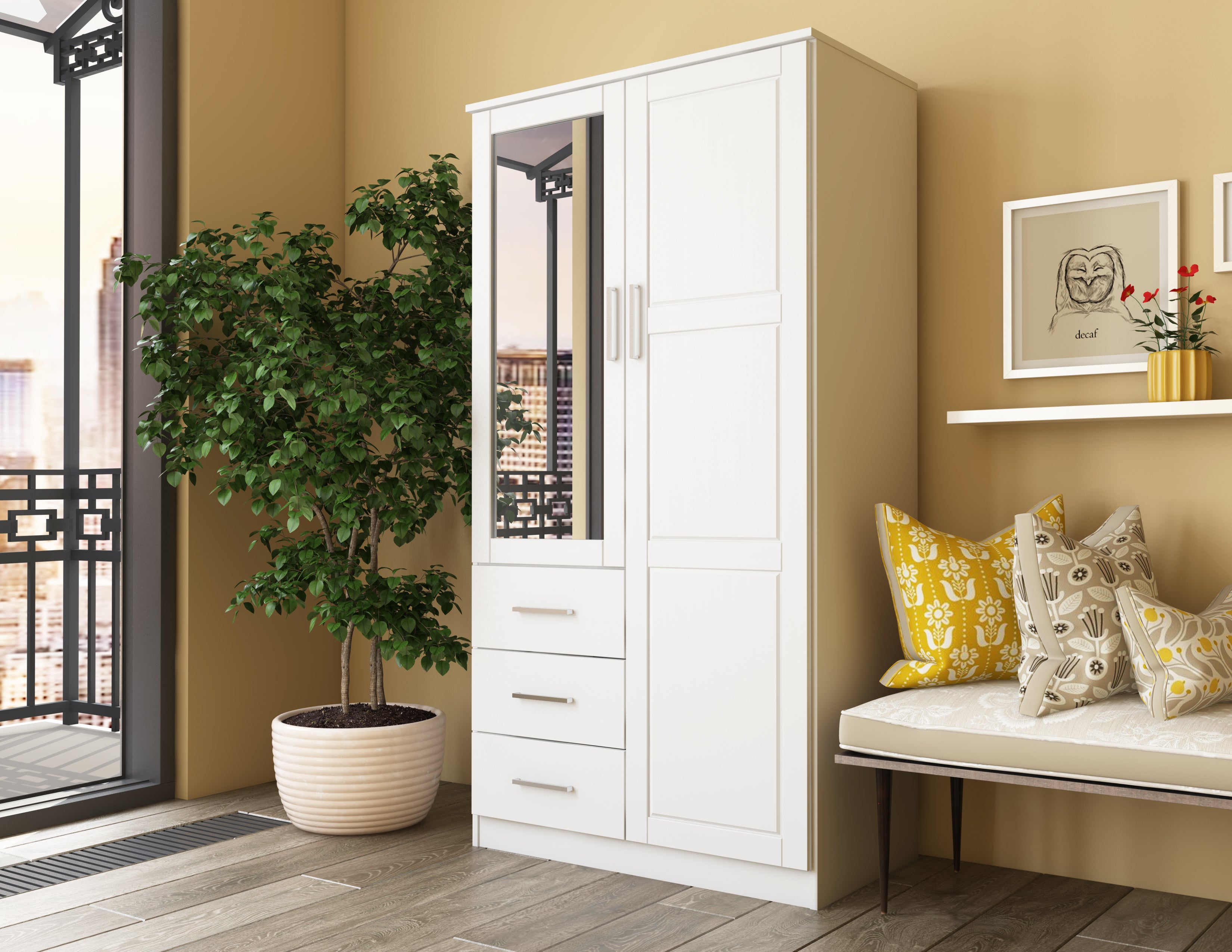 100% Solid Wood 2-Door Wardrobe Armoire with Mirrored Doors