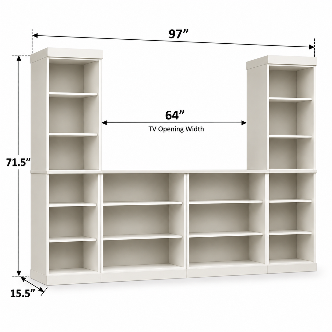 100% Solid Wood 6-Piece Entertainment Center Wall Unit with Storage, Open Cabinets, Adjustable Shelves, 97" W x 71.5" H