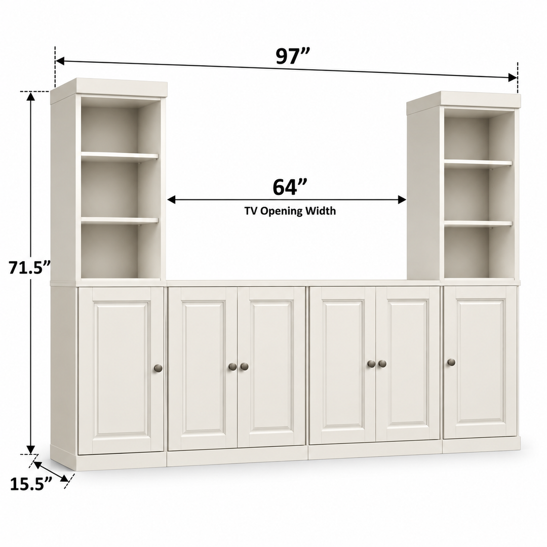 100% Solid Wood 6-Piece Entertainment Center Wall Unit with Storage, Open Cabinets & Raised Panel Doors, Adjustable Shelves, 97" W x 71.5" H