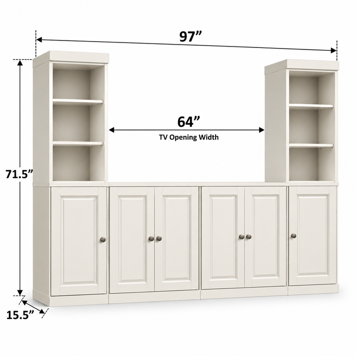 100% Solid Wood 6-Piece Entertainment Center Wall Unit with Storage, Open Cabinets & Raised Panel Doors, Adjustable Shelves, 97" W x 71.5" H