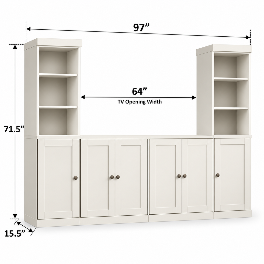 100% Solid Wood 6-Piece Entertainment Center Wall Unit with Storage, Open Cabinets & Shaker Doors, Adjustable Shelves, 97" W x 71.5" H
