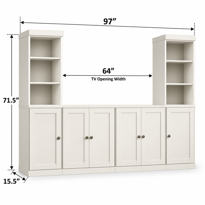 100% Solid Wood 6-Piece Entertainment Center Wall Unit with Storage, Open Cabinets & Shaker Doors, Adjustable Shelves, 97" W x 71.5" H