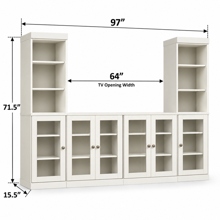 100% Solid Wood 6-Piece Entertainment Center Wall Unit with Storage, Open Cabinets & Glass Doors, Adjustable Shelves, 97" W x 71.5" H
