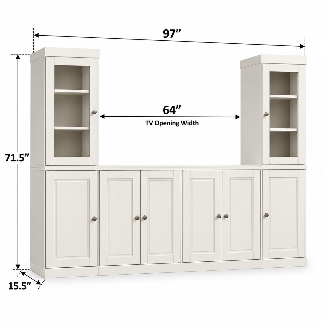 100% Solid Wood 6-Piece Entertainment Center Wall Unit with Storage, Glass & Raised Panel Doors, Adjustable Shelves, 97" W x 71.5" H