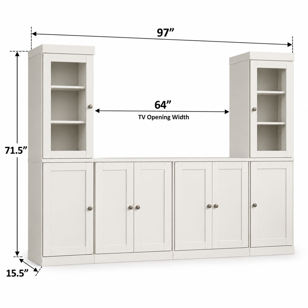 100% Solid Wood 6-Piece Entertainment Center Wall Unit with Storage, Glass & Shaker Doors, Adjustable Shelves, 97" W x 71.5" H