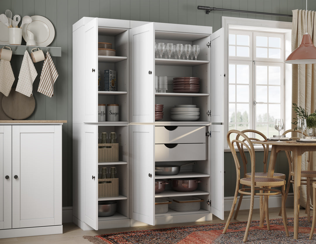 100% Solid Wood 48.5" Pantry Cabinet, Shaker Wood Doors, 2-Drawers