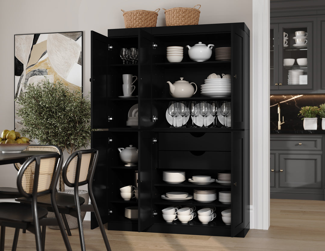 100% Solid Wood 48.5" Pantry Cabinet, Shaker Wood Doors, 2-Drawers