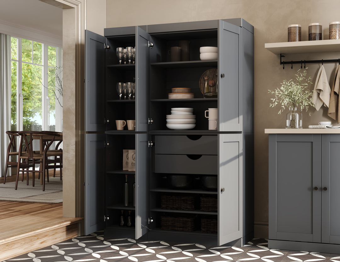 100% Solid Wood 48.5" Pantry Cabinet, Shaker Wood Doors, 2-Drawers