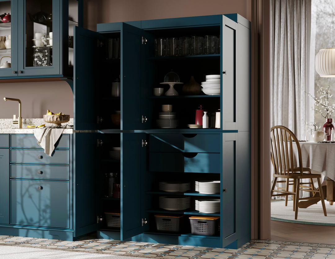 100% Solid Wood 48.5" Pantry Cabinet, Shaker Wood Doors, 2-Drawers