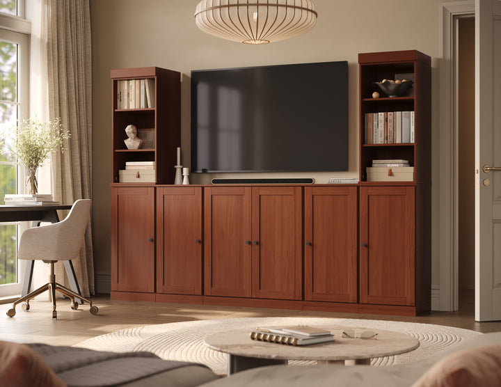 100% Solid Wood 7-Piece Entertainment Center Wall Unit with Storage, Open Cabinets & Shaker Doors, Adjustable Shelves, 98" W x 71.5" H