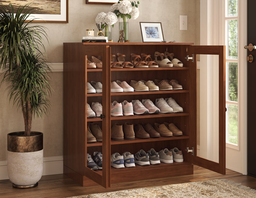 100% Solid Wood Glass Door Shoe Storage Cabinet with Adjustable Shelves, Space Saving Stackable Entryway Organizer, 32" W x 35.75" H