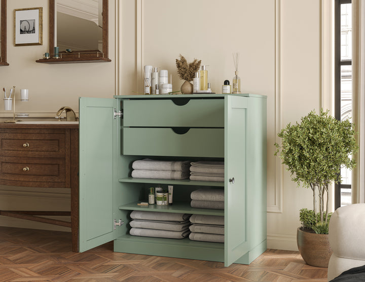 100% Solid Brazilian Pine Wood Bathroom Storage Cabinet, Shaker Doors, 2 Drawers, Adjustable Shelves, 32" Wide, 35.75" Tall