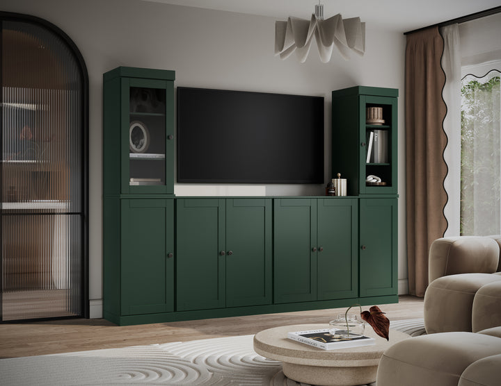 100% Solid Wood 6-Piece Entertainment Center Wall Unit with Storage, Glass & Shaker Doors, Adjustable Shelves, 97" W x 71.5" H