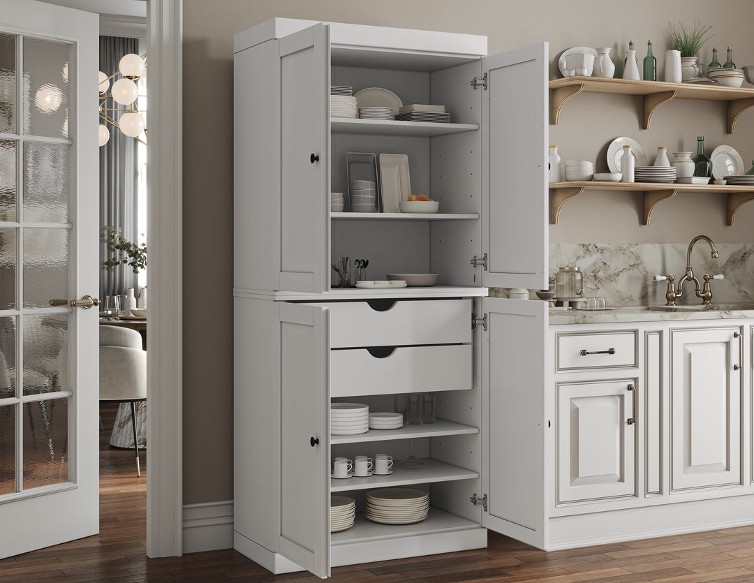 100% Solid Wood Tall Freestanding Kitchen Pantry Cabinet with Doors & 2 Drawers, Modular Storage Cabinet with Adjustable Shelves, 32" W x 71.5" H