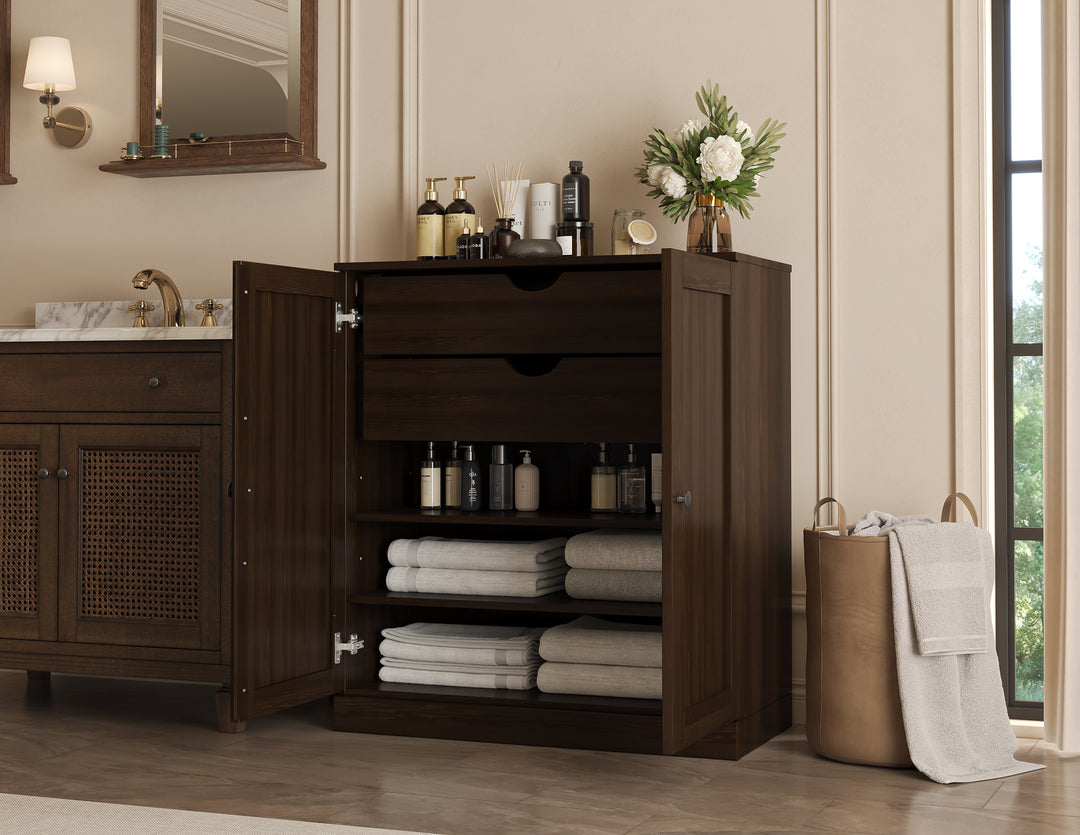 100% Solid Wood Freestanding Bathroom Linen Storage Cabinet with Shaker Doors, 2 Drawers, Adjustable Shelves, 32" W x 35.75" H
