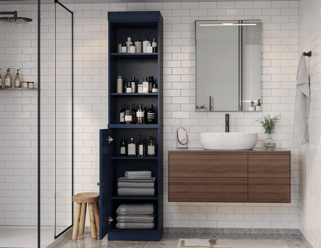 100% Solid Wood Tall Freestanding Modular Bathroom Linen Storage Cabinet with Open Shelf & Raised Panel Door, Adjustable Shelves, 16.5" W x 71.5" H