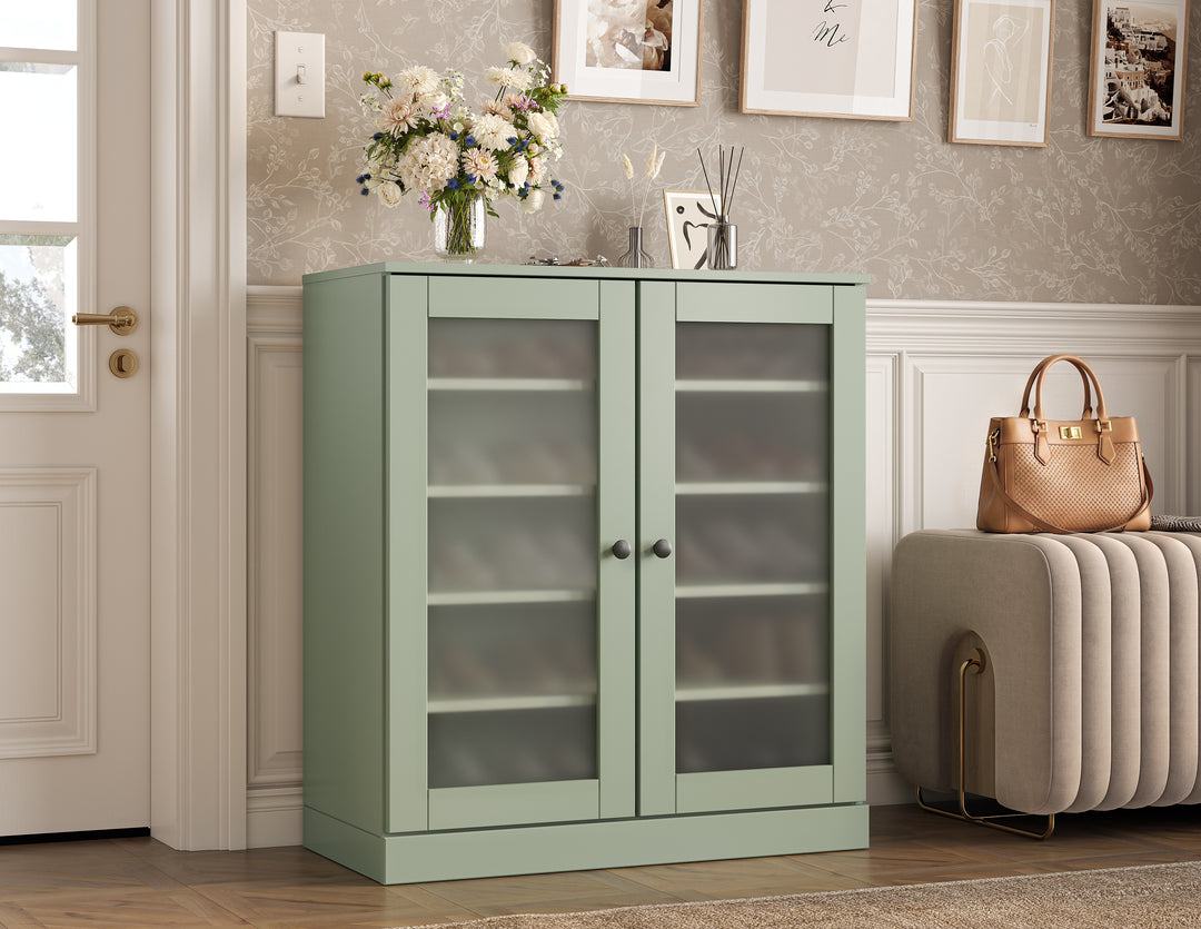 100% Solid Wood Frosted Glass Door Shoe Storage Cabinet with Adjustable Shelves, Space Saving Stackable Entryway Organizer, 32" W x 35.75" H