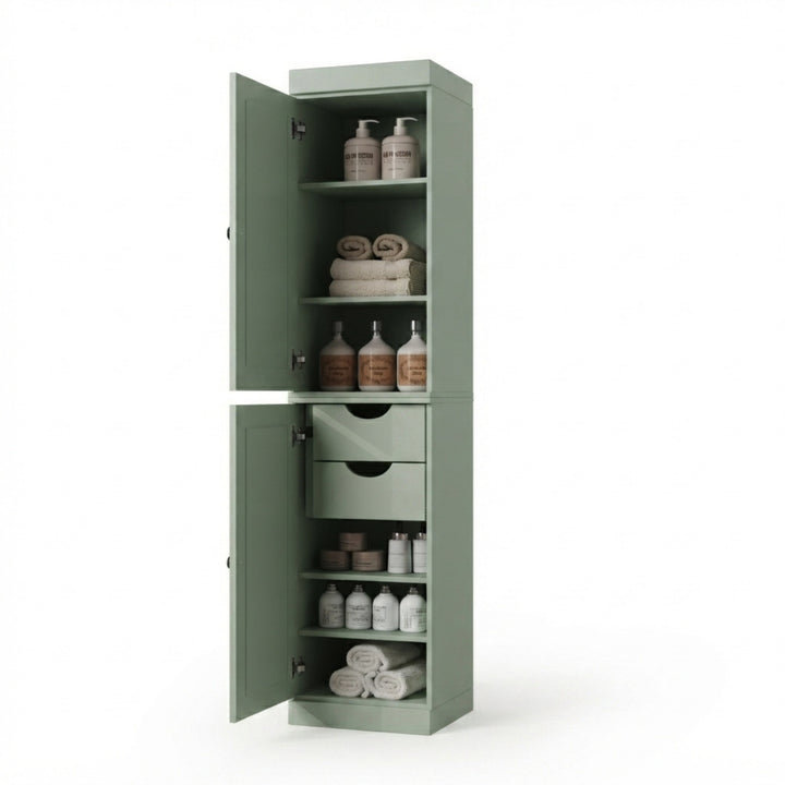 100% Solid Wood Bathroom Storage Cabinet, Raised Panel Doors, 2 Drawers, Adjustable Shelves, 16.5" Wide, 71.5" Tall