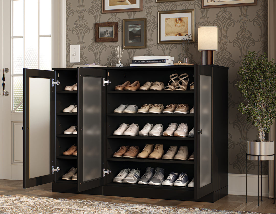 100% Solid Wood Frosted Glass Door Shoe Storage Cabinet, Adjustable Shelves, Space Saving Modular Entryway Organizer, 48.5" W x 35.75" H