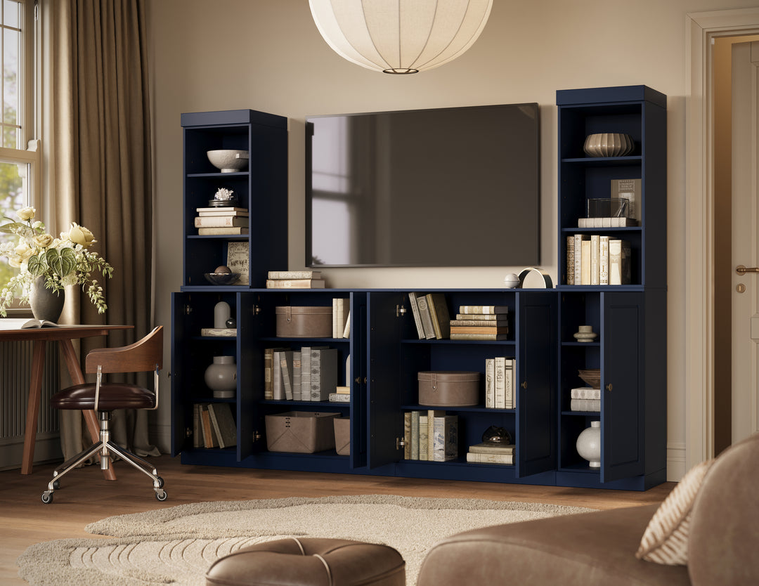 100% Solid Wood 6-Piece Entertainment Center Wall Unit with Storage, Open Cabinets & Raised Panel Doors, Adjustable Shelves, 97" W x 71.5" H