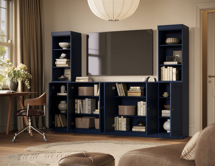100% Solid Wood 6-Piece Entertainment Center Wall Unit with Storage, Open Cabinets & Raised Panel Doors, Adjustable Shelves, 97" W x 71.5" H
