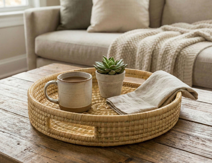 100% Handwoven Natural Rattan 15" Round Serving Tray, Boho Farmhouse Kitchen, Dining & Home Decor, Handcrafted – Authentic African Craftsmanship, Trays - Palace Imports