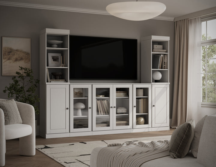 100% Solid Wood 7-Piece Entertainment Center Wall Unit with Storage, Open Cabinets, Raised Panel & Glass Doors, Adjustable Shelves, 98" W x 71.5" H
