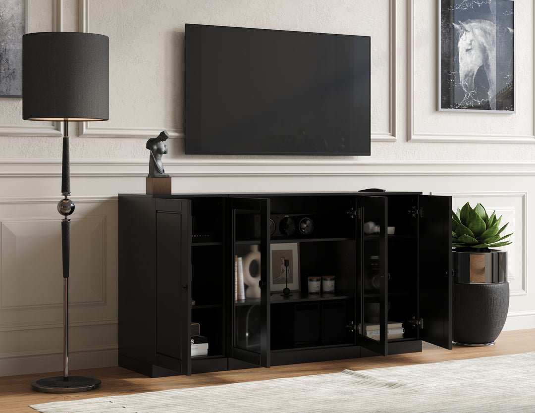 100% Solid Wood TV Stand for TVs up to 65" with Clear Glass, Raised Panel Doors, Adjustable Shelves