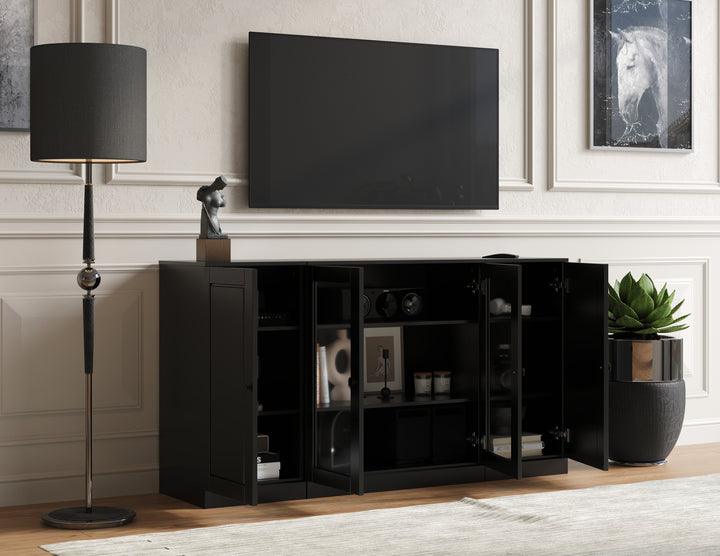 100% Solid Wood TV Stand for TVs up to 65" with Clear Glass, Raised Panel Doors, Adjustable Shelves