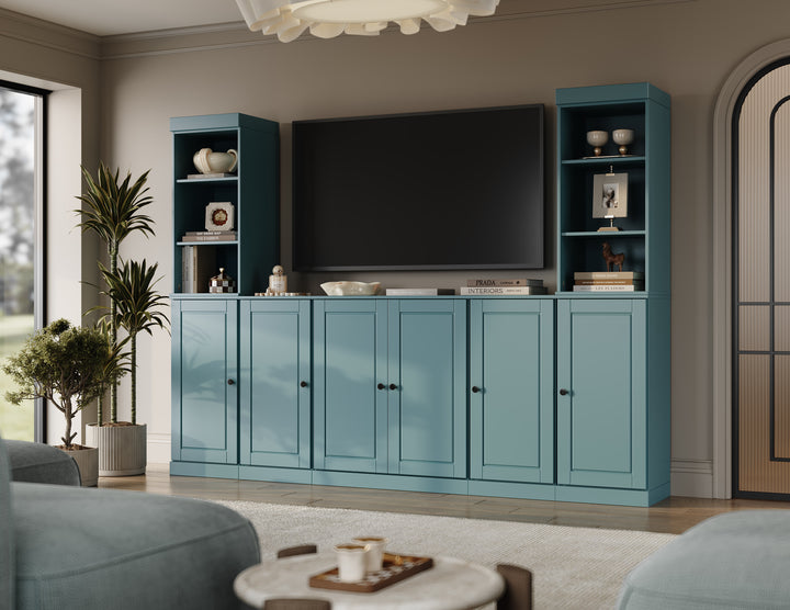 100% Solid Wood 7-Piece Entertainment Center Wall Unit with Storage, Open Cabinets & Raised Panel Doors, Adjustable Shelves, 98" W x 71.5" H