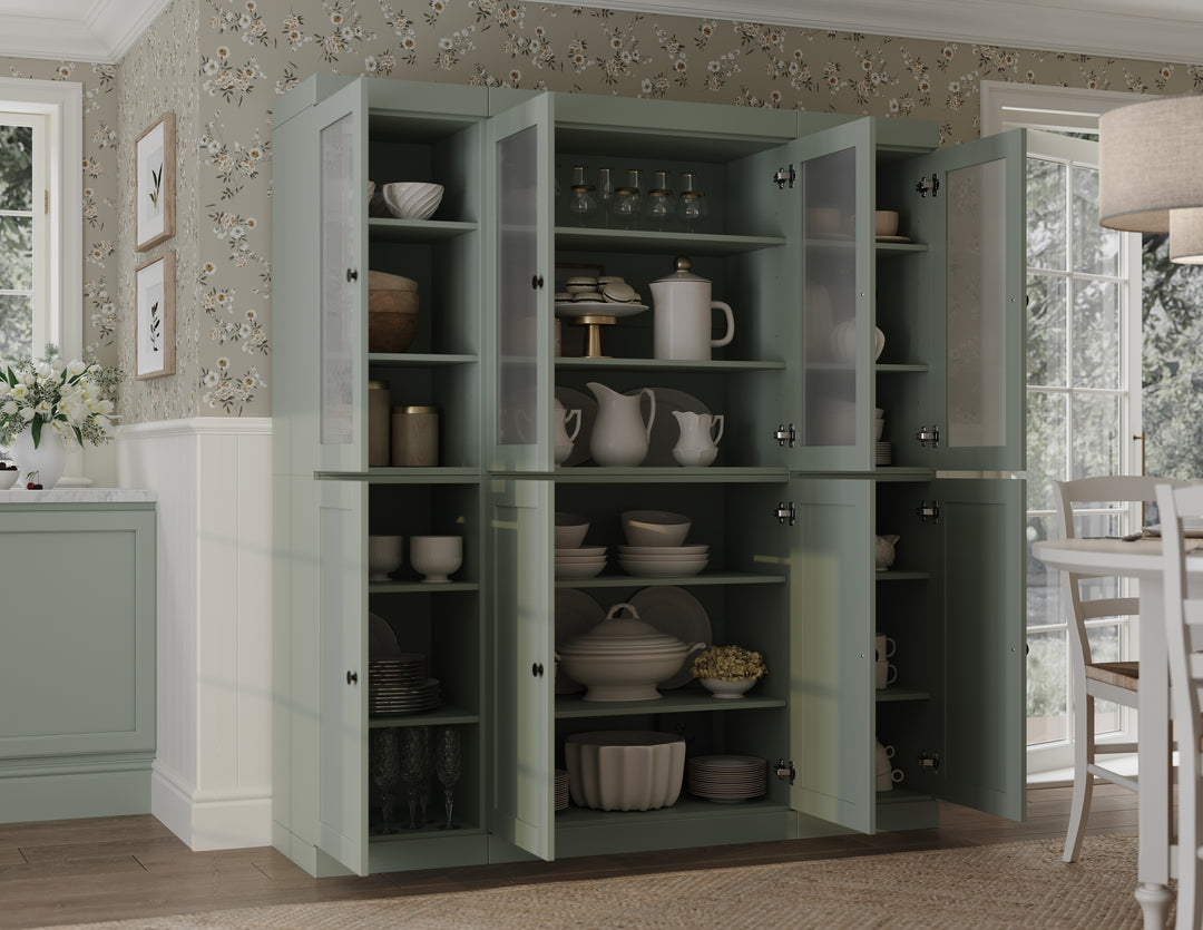 Sage Inside View of Wood Kitchen Pantry Cabinet, Tall Freestanding Modular Storage with Frosted Glass & Shaker Doors, Adjustable Shelves, 65" W x 71.5" H