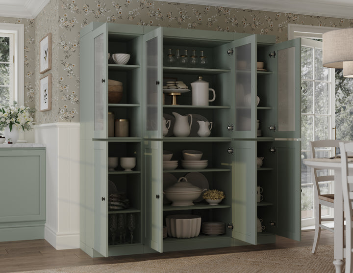 Sage Inside View of Wood Kitchen Pantry Cabinet, Tall Freestanding Modular Storage with Frosted Glass & Shaker Doors, Adjustable Shelves, 65" W x 71.5" H
