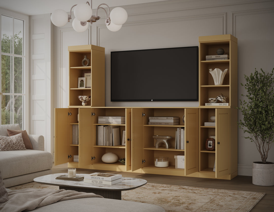 100% Solid Wood 6-Piece Entertainment Center Wall Unit with Storage, Open Cabinets & Raised Panel Doors, Adjustable Shelves, 97" W x 71.5" H