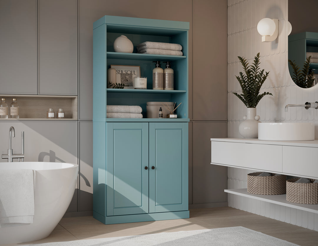 100% Solid Wood Tall Freestanding Modular Bathroom Linen Storage Cabinet with Open Shelf & Raised Panel Doors, Adjustable Shelves, 32" W x 71.5" H