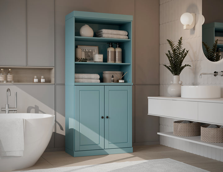100% Solid Wood Tall Freestanding Modular Bathroom Linen Storage Cabinet with Open Shelf & Raised Panel Doors, Adjustable Shelves, 32" W x 71.5" H