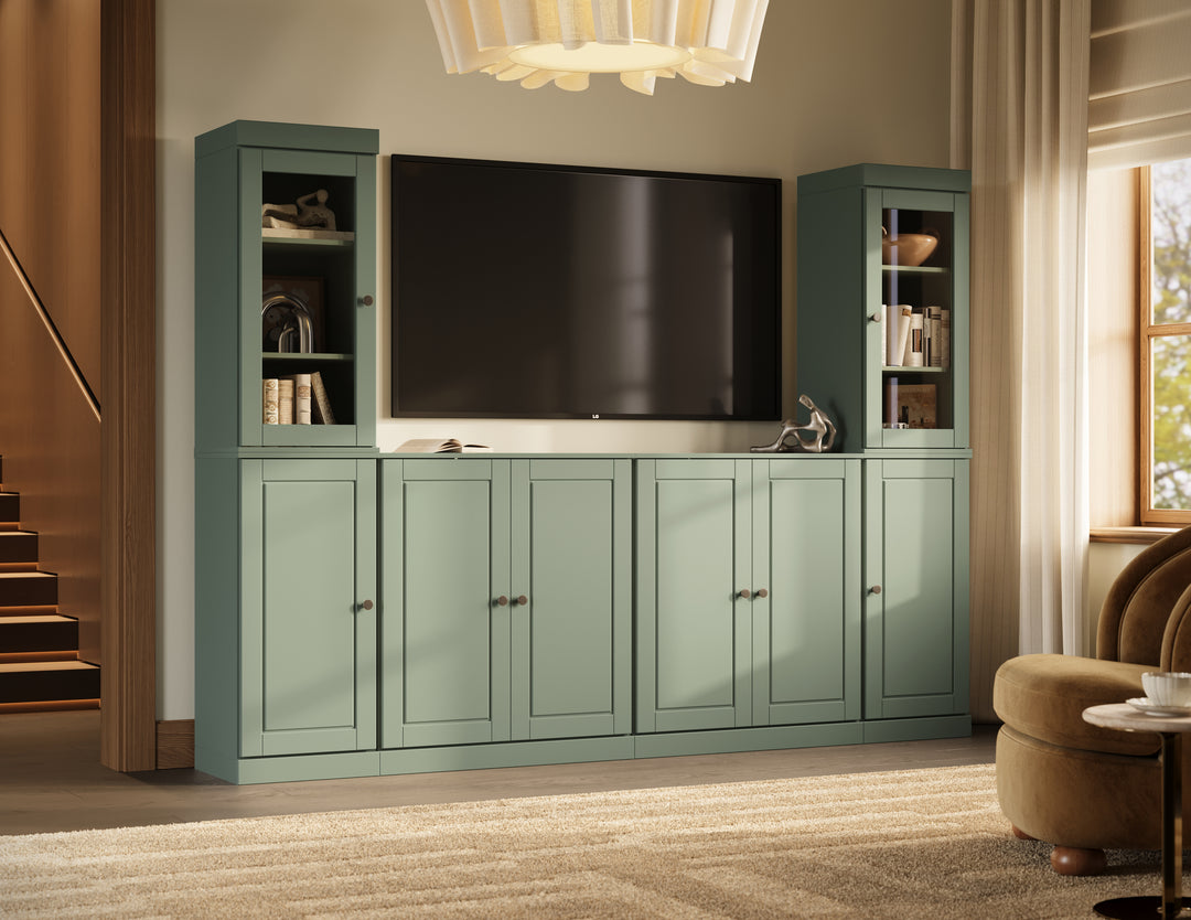 100% Solid Wood 6-Piece Entertainment Center Wall Unit with Storage, Glass & Raised Panel Doors, Adjustable Shelves, 97" W x 71.5" H