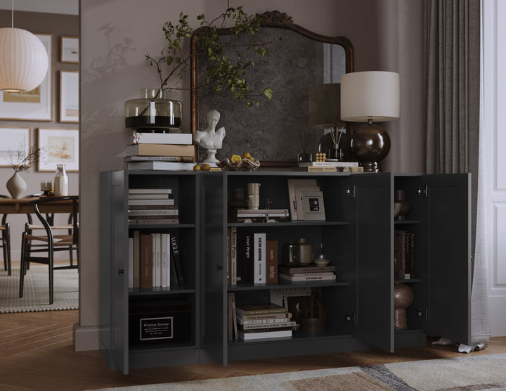 100% Solid Brazilian Pine Wood Sideboard, Shaker Doors, Adjustable Shelves, 65" Wide, 35.75" Tall