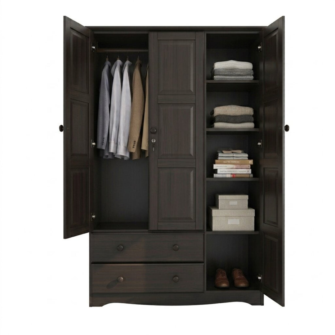 100% Solid Wood 3-Door Wardrobe Armoire with Raised Panel Doors, Bedroom Closet Storage - Grand Collection