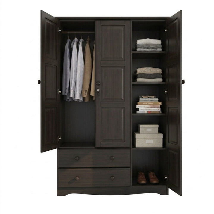 100% Solid Wood 3-Door Wardrobe Armoire with Raised Panel Doors, Bedroom Closet Storage - Grand Collection
