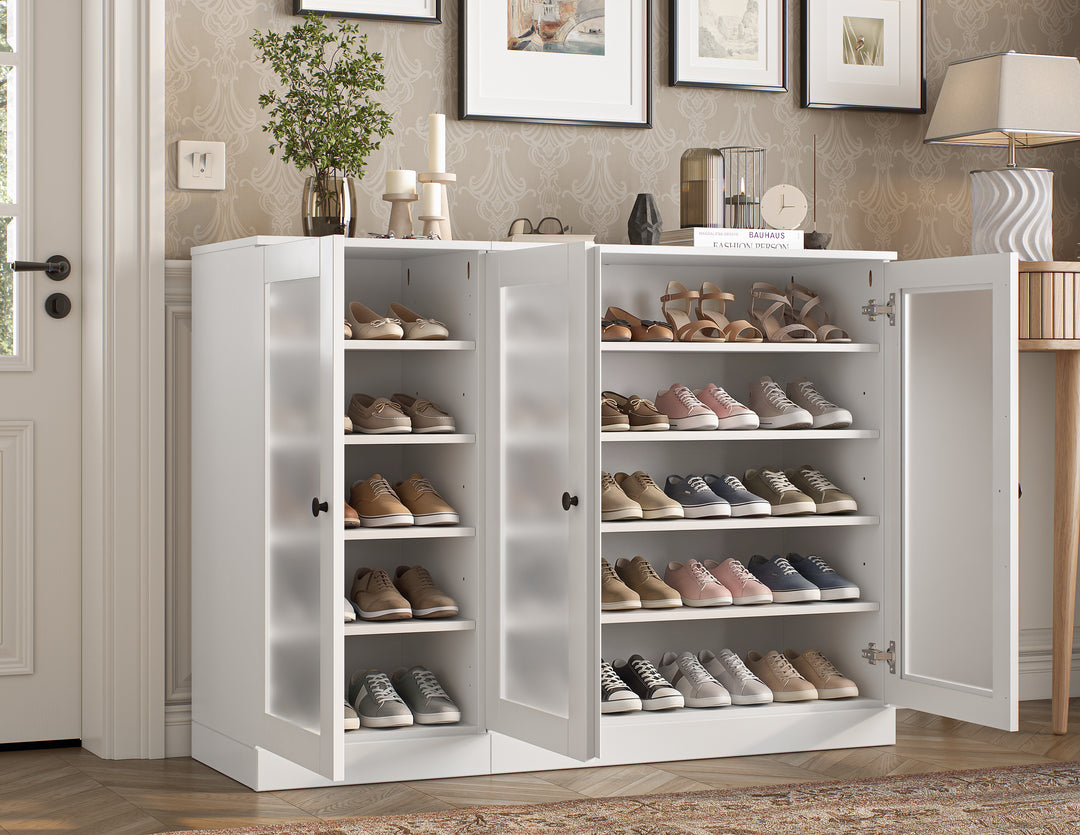 100% Solid Wood Frosted Glass Door Shoe Storage Cabinet, Adjustable Shelves, Space Saving Modular Entryway Organizer, 48.5" W x 35.75" H