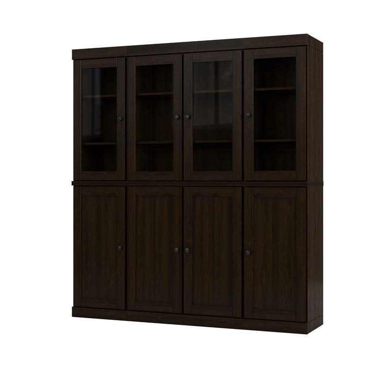 100% Solid Brazilian Pine Wood Pantry China Cabinet, Clear Glass & Shaker Doors, 2 Drawers, Adjustable Shelves, 65" Wide, 71.5" Tall