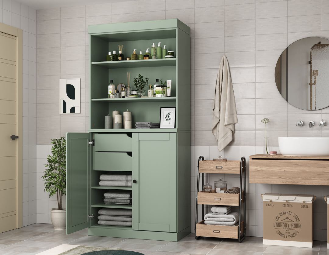 100% Solid Wood 32" Bathroom Cabinet with Shelves, Shaker Wood Doors, 2-Drawers