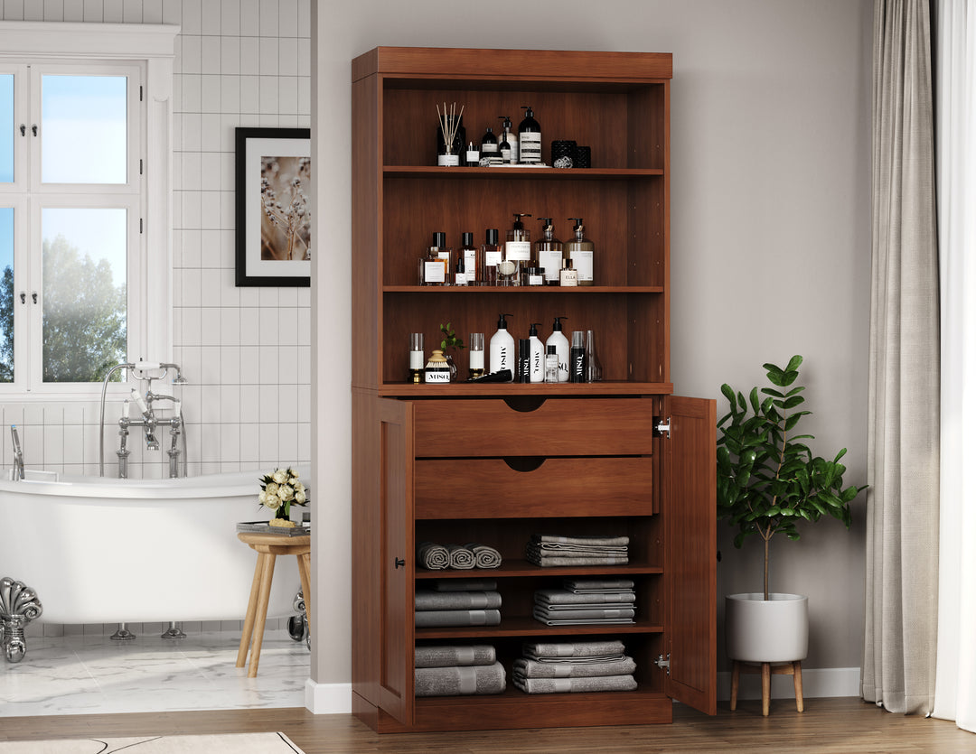 100% Solid Wood Tall Freestanding Modular Bathroom Linen Storage Cabinet with Shaker Doors, 2 Drawers, Adjustable Shelves, 32" W x 71.5" H