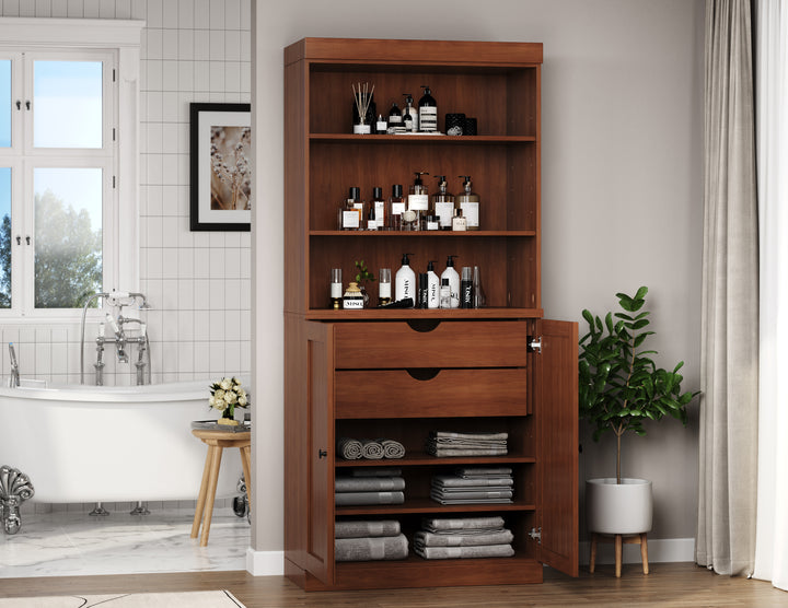 100% Solid Wood Tall Freestanding Modular Bathroom Linen Storage Cabinet with Shaker Doors, 2 Drawers, Adjustable Shelves, 32" W x 71.5" H