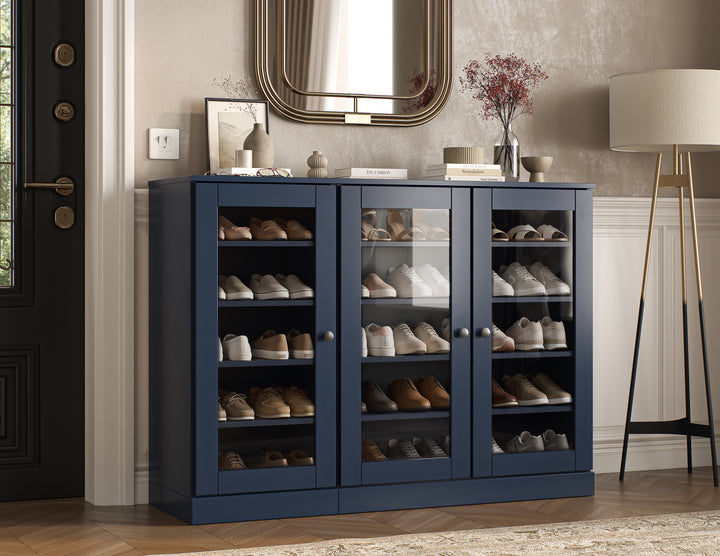 100% Solid Wood Glass Door Shoe Storage Cabinet, Adjustable Shelves, Space Saving Modular Entryway Organizer, 48.5" W x 35.75" H