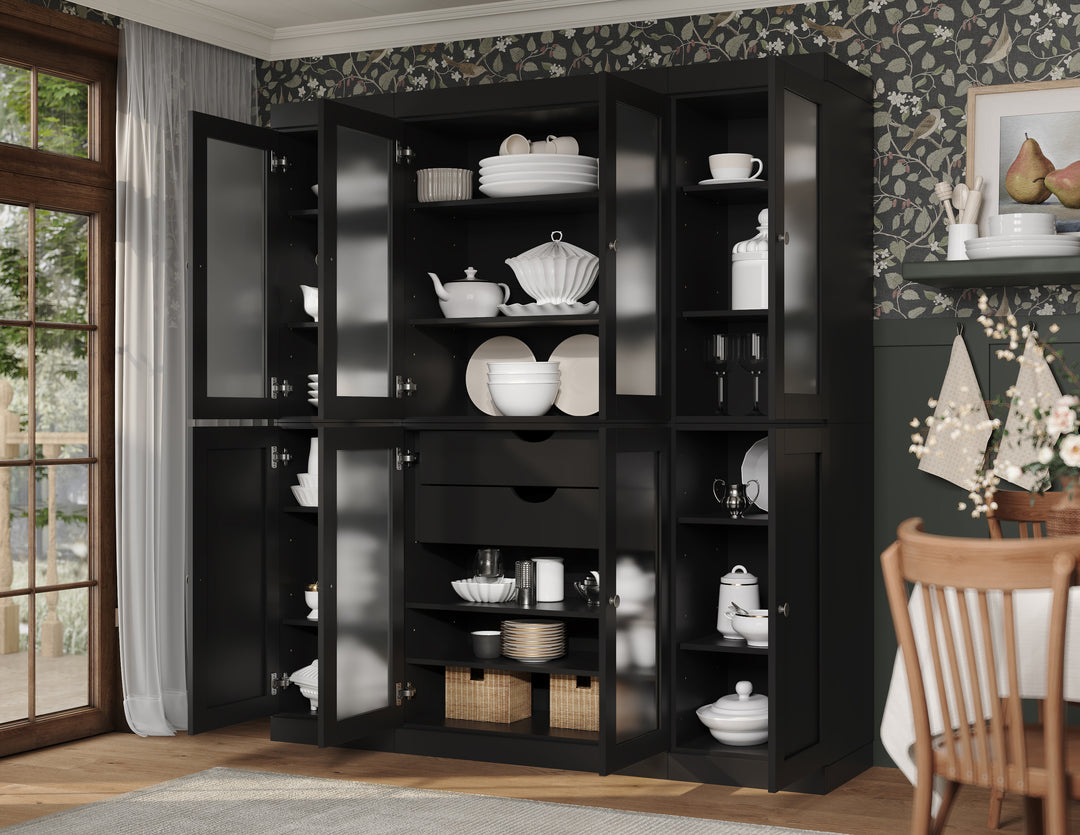 100% Solid Brazilian Pine Wood 65" Pantry Cabinet with Frosted Glass, Shaker Doors, 2-Drawers and Adjustable Shelves