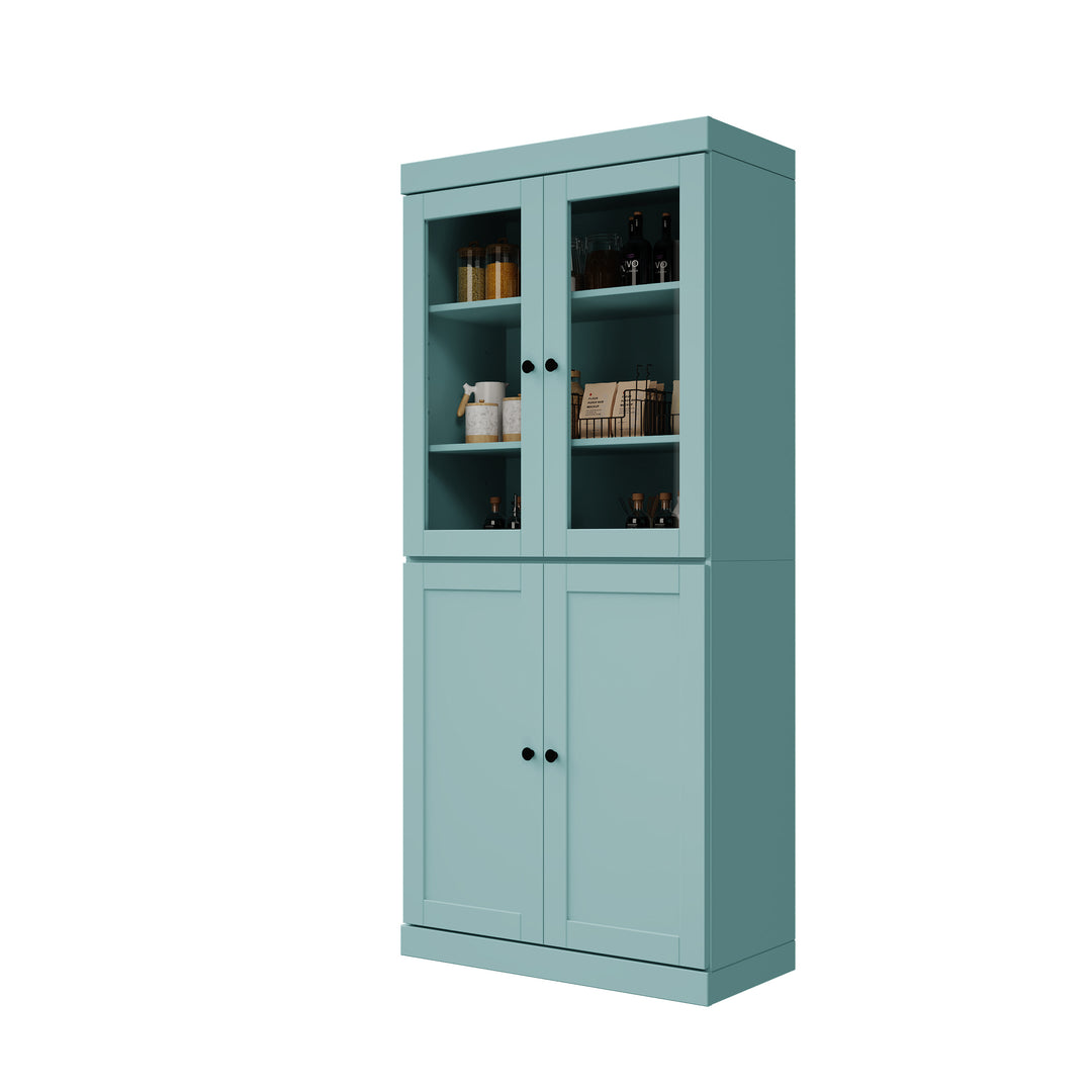 100% Solid Wood 32" Pantry Cabinet, 2 Clear Glass, 2 Shaker Doors, 2-Drawers