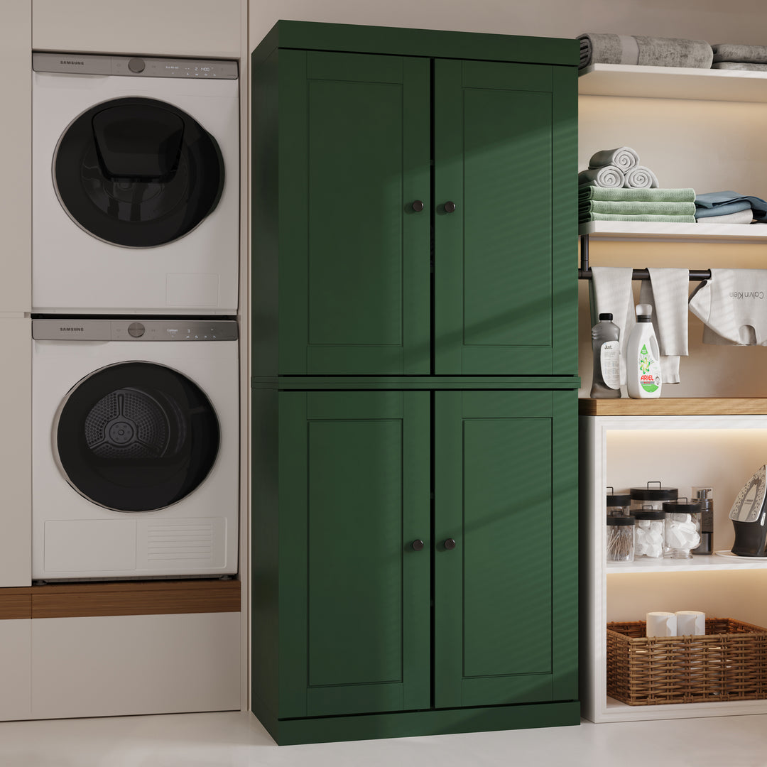 100% Solid Brazilian Pine Wood Bathroom & Laundry Storage Cabinet, Raised Panel Doors, Adjustable Shelves, 32" Wide, 71.5" Tall