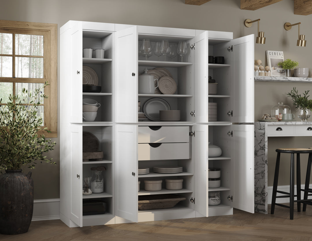 100% Solid Wood 65" Pantry Cabinet, 8 Shaker Wood Doors, 2 Drawers