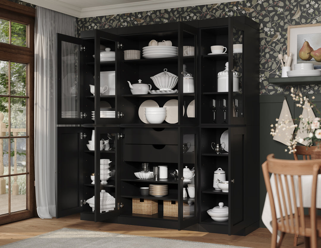 100% Solid Wood 65" China Pantry Cabinet, 6 Glass, 2 Shaker Wood Doors, 2 Drawers